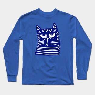 Cute blue and white cat head with grumpy face on blue background Long Sleeve T-Shirt